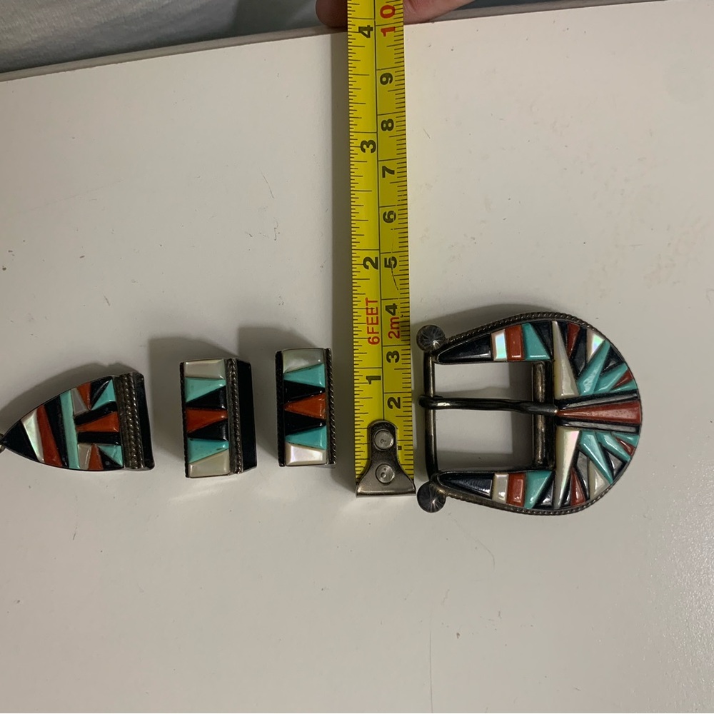 Zuni Sterling Silver Mosaic Inlay 4-Piece Ranger Belt Buckle Set Native